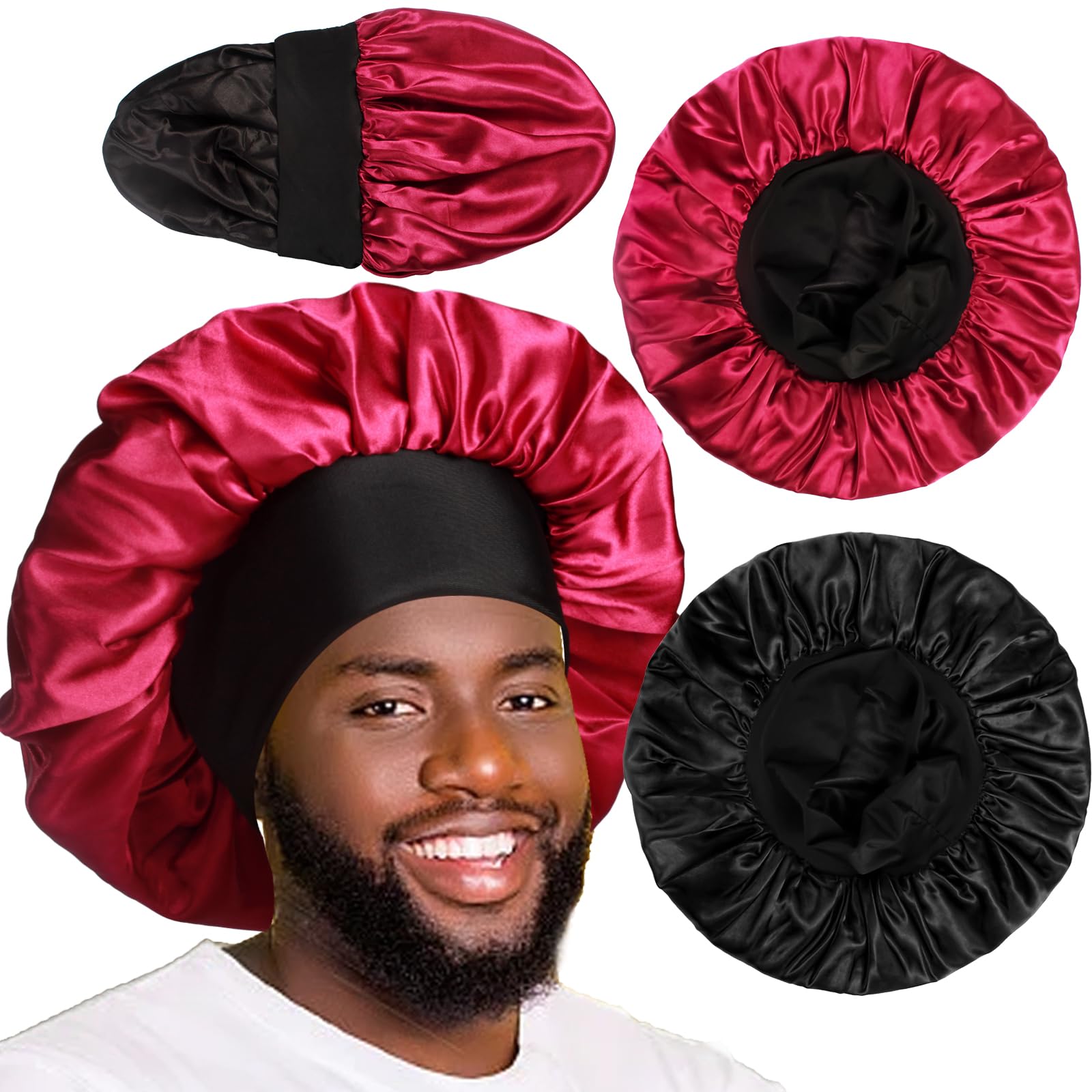 2pcs Bonnets for Men Double Layer Hair Bonnet Satin Bonnet for Women Curly Hair Braids E
